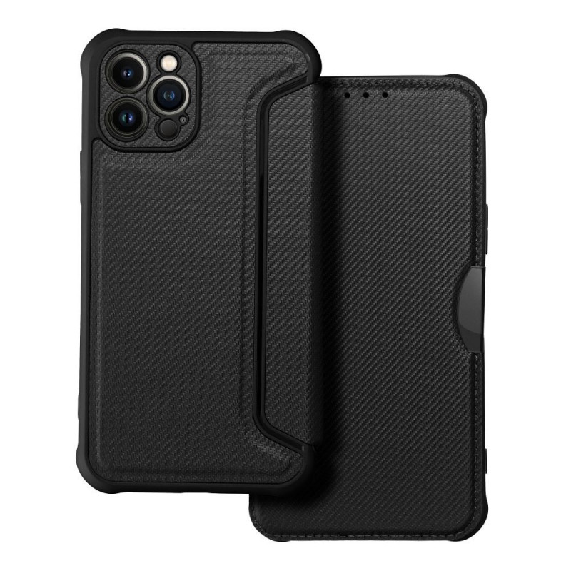 Apple iPhone 12 Pro Wallet Cases Razor Book Carbon Fibre, Carbon pattern  Black