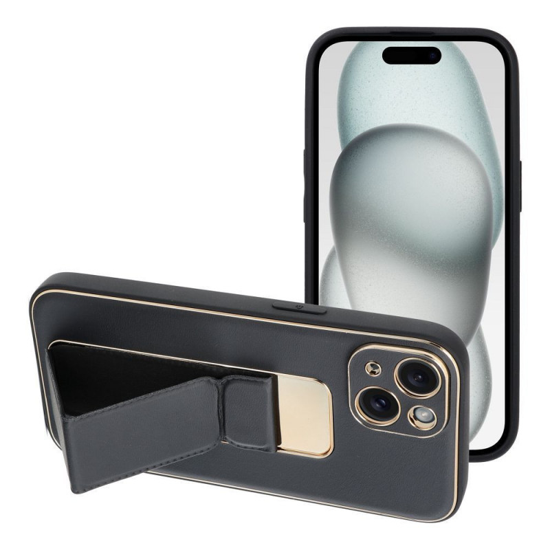 Apple iPhone 15 Case LEATHER Case Kickstand Black