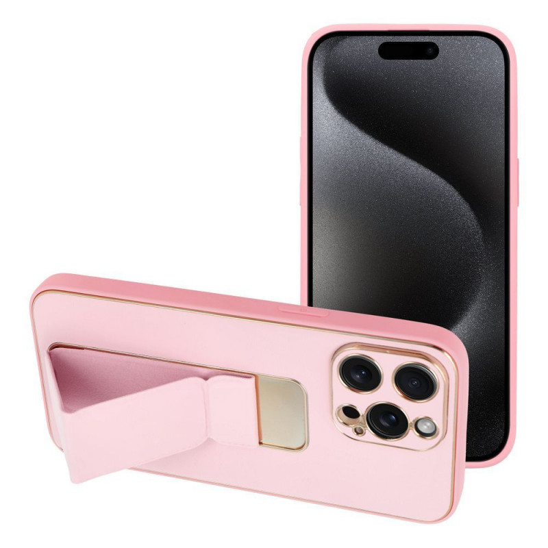 Apple iPhone 15 Pro Max Case LEATHER Case Kickstand Pink