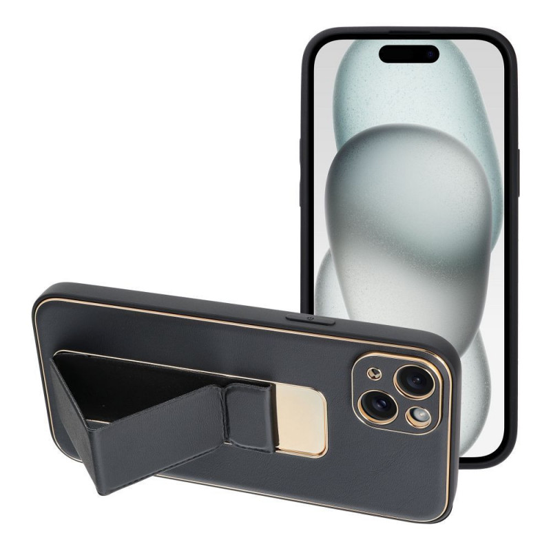 Apple iPhone 15 Plus Case LEATHER Case Kickstand Black