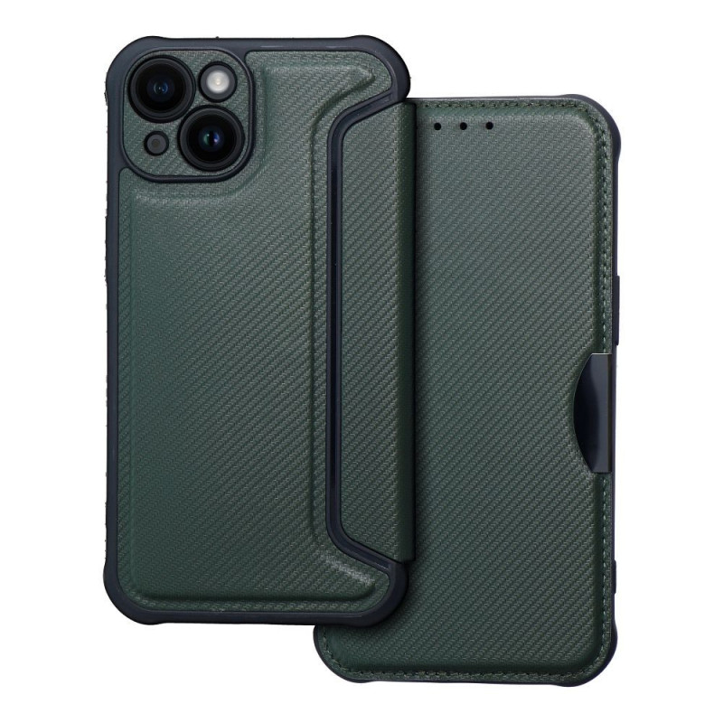 Apple iPhone 14 Wallet Cases Razor Book Carbon Fibre, Carbon pattern Dark green Apple iPhone 14 Wallet Cases Razor Book Carbon Fibre, Carbon pattern Dark green