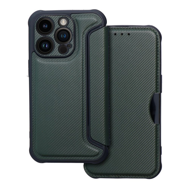 Apple iPhone 14 Pro Wallet Cases Razor Book Carbon Fibre, Carbon pattern  Dark green