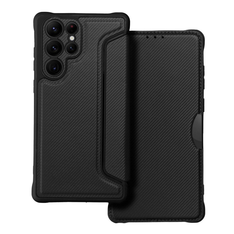Samsung Galaxy S22 Ultra Wallet Cases Razor Book Carbon Fibre, Carbon pattern  Black
