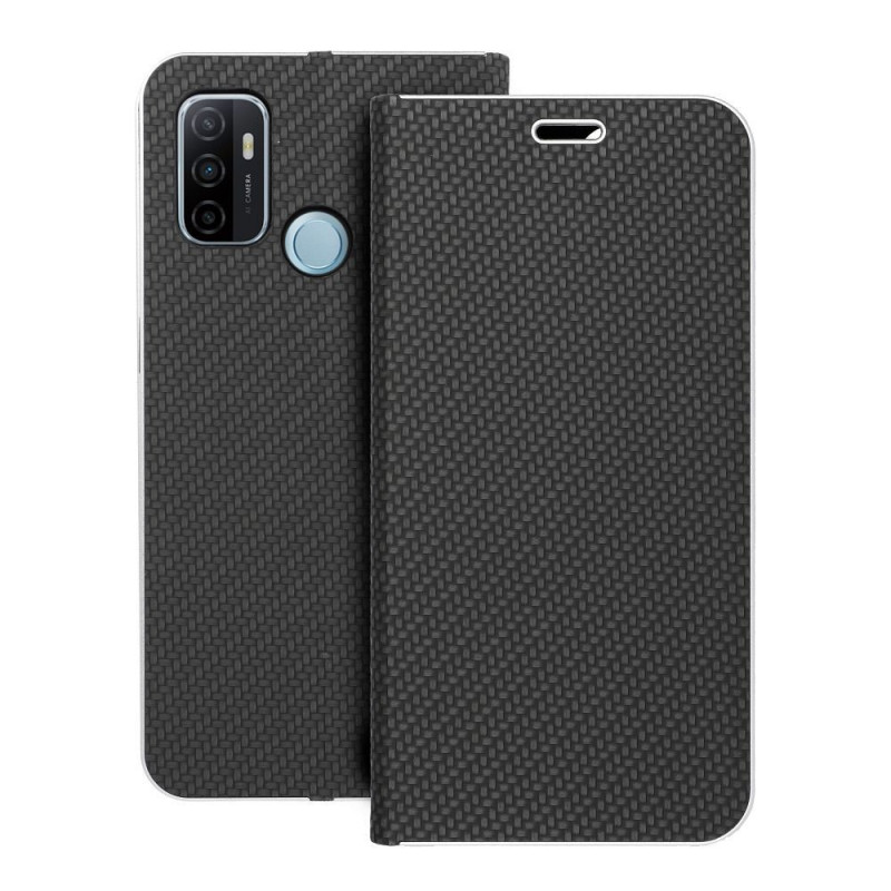 Oppo A53s Wallet Cases LUNA Book Carbon Carbon Fibre, Elegant  Black