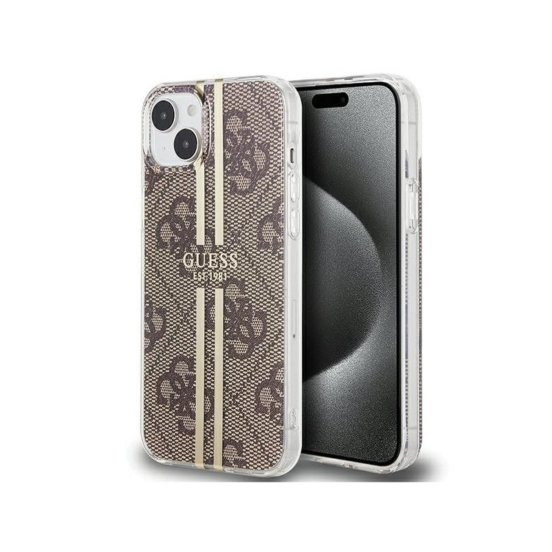 Apple iPhone 15 Plus Case Guess 4G Gold Stripe Elegant  Brown
