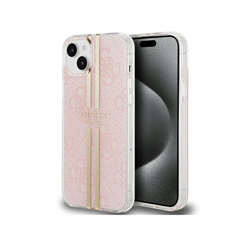 Apple iPhone 15 Case Guess 4G Gold Stripe Elegant  Pink