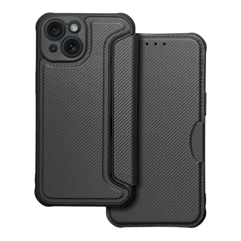 Apple iPhone 15 Wallet Cases Razor Book Carbon Fibre, Carbon pattern  Black
