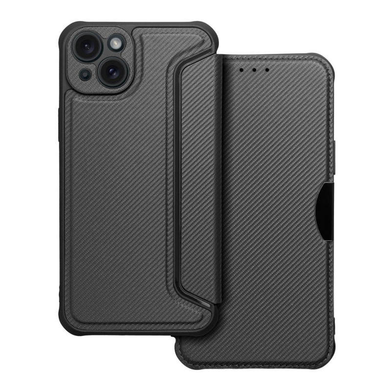 Apple iPhone 15 Plus Wallet Cases Razor Book Carbon Fibre, Carbon pattern  Black