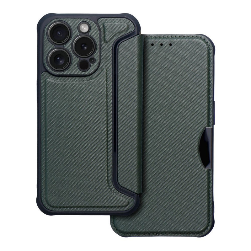 Apple iPhone 15 Pro Wallet Cases Razor Book Carbon Fibre, Carbon pattern Dark green Apple iPhone 15 Pro Wallet Cases Razor Book Carbon Fibre, Carbon pattern Dark green