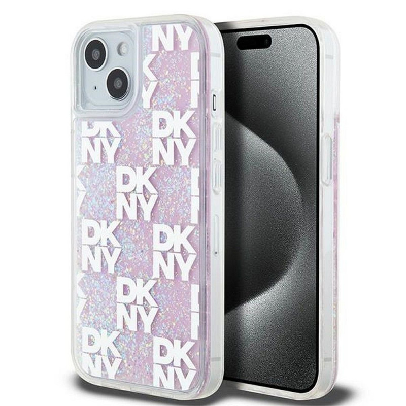 Apple iPhone 15 Case DKNY Liquid Glitters Checkered Pattern Pink