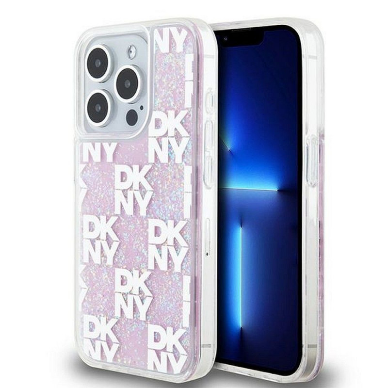 Apple iPhone 15 Pro Case DKNY Liquid Glitters Checkered Pattern Pink