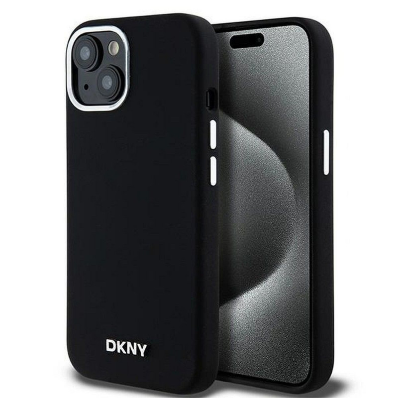 Apple iPhone 15 Case DKNY Silicone Horizontal Metal Logo MagSAFE  Black