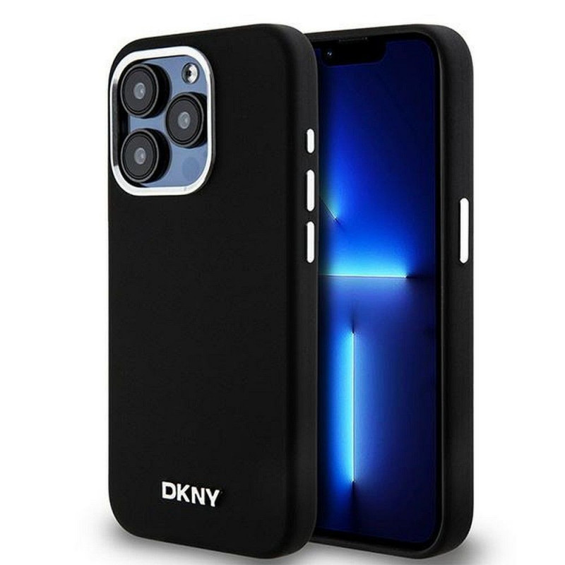 Apple iPhone 15 Pro Case DKNY Silicone Horizontal Metal Logo MagSAFE  Black