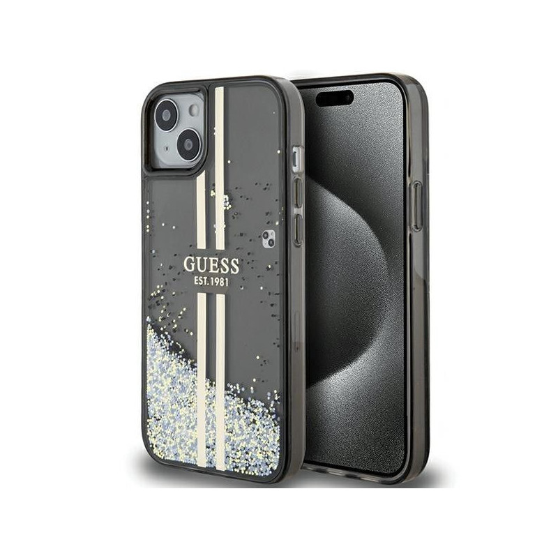Apple iPhone 15 Case Guess Liquid Glitter Gold Stripes Black