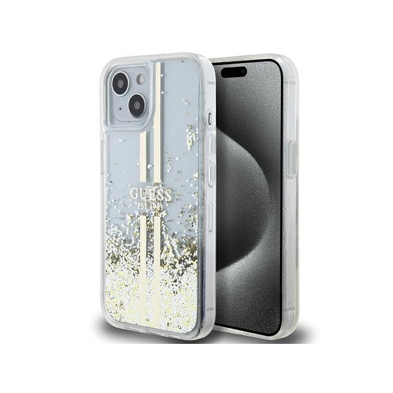Apple iPhone 15 Plus Case Guess Liquid Glitter Gold Stripes Transparent