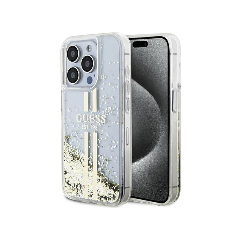 Apple iPhone 15 Pro Case Guess Liquid Glitter Gold Stripes Transparent