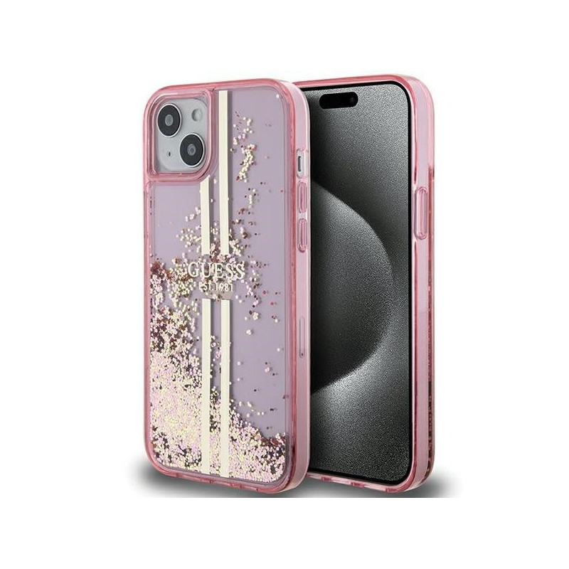 Apple iPhone 15 Plus Case Guess Liquid Glitter Gold Stripes Pink