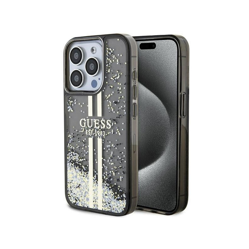 Apple iPhone 15 Pro Case Guess Liquid Glitter Gold Stripes Black