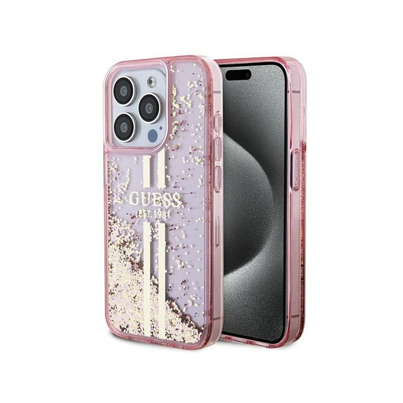 Apple iPhone 15 Pro Case Guess Liquid Glitter Gold Stripes Pink