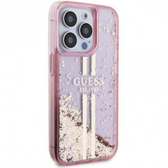 Apple iPhone 15 Pro Case Guess Liquid Glitter Gold Stripes Pink