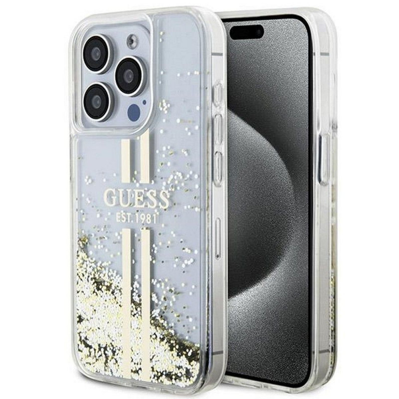 Apple iPhone 15 Pro Max Case Guess Liquid Glitter Gold Stripes Transparent