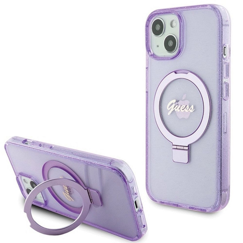 Apple iPhone 15 Plus Case Guess Glitter Script Logo - Ring stand MagSAFE  Purple