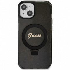 Apple iPhone 15 Plus Case Guess Glitter Script Logo - Ring stand MagSAFE  Black