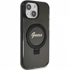 Apple iPhone 15 Plus Case Guess Glitter Script Logo - Ring stand MagSAFE  Black