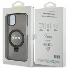 Apple iPhone 15 Plus Case Guess Glitter Script Logo - Ring stand MagSAFE  Black