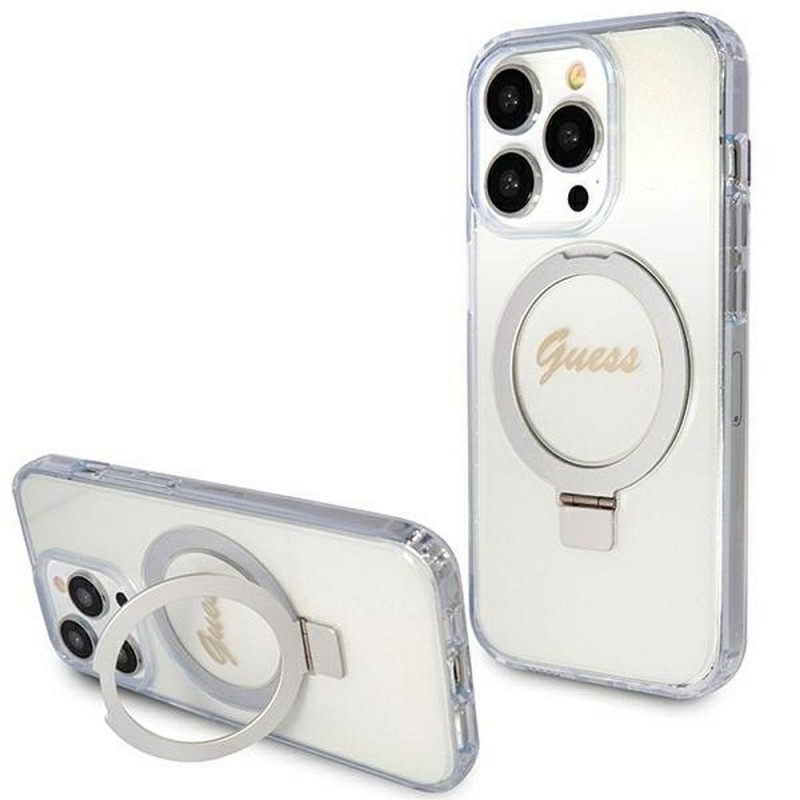Apple iPhone 15 Pro Case Guess Glitter Script Logo - Ring stand MagSAFE  Transparent