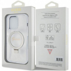 Apple iPhone 15 Pro Case Guess Glitter Script Logo - Ring stand MagSAFE  Transparent