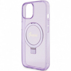 Apple iPhone 15 Case Guess Glitter Script Logo - Ring stand MagSAFE  Purple
