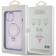 Apple iPhone 15 Case Guess Glitter Script Logo - Ring stand MagSAFE  Purple
