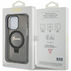 Apple iPhone 15 Pro Case Guess Glitter Script Logo - Ring stand MagSAFE  Black