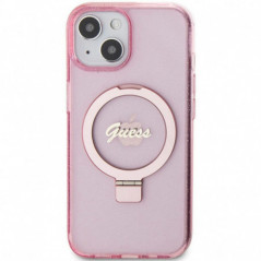 Apple iPhone 15 Case Guess Glitter Script Logo - Ring stand MagSAFE  Pink