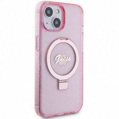 Apple iPhone 15 Case Guess Glitter Script Logo - Ring stand MagSAFE  Pink