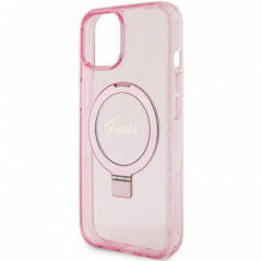 Apple iPhone 15 Case Guess Glitter Script Logo - Ring stand MagSAFE  Pink