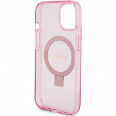 Apple iPhone 15 Case Guess Glitter Script Logo - Ring stand MagSAFE  Pink
