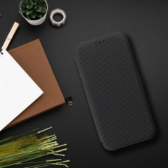 Apple iPhone 15 Pro Wallet Cases FOLIO Side Magnet Elegant, Carbon pattern  Black