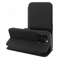 Apple iPhone 15 Pro Wallet Cases FOLIO Side Magnet Elegant, Carbon pattern  Black