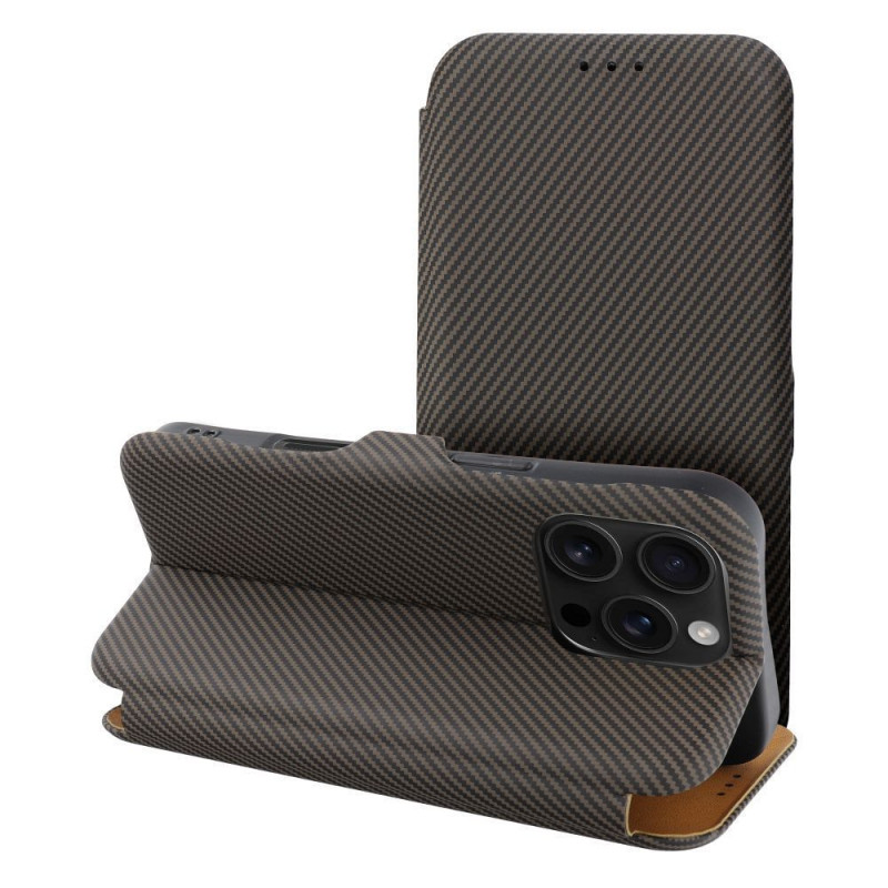 Apple iPhone 16 Pro Max Wallet Cases FOLIO Side Magnet Elegant, Carbon pattern Brown Apple iPhone 16 Pro Max Wallet Cases FOLIO Side Magnet Elegant, Carbon pattern Brown