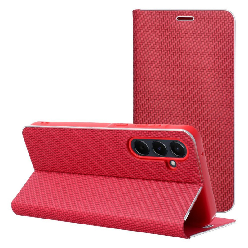 Samsung Galaxy S25 Edge Wallet Cases LUNA Book Carbon Carbon Fibre, Elegant  Red